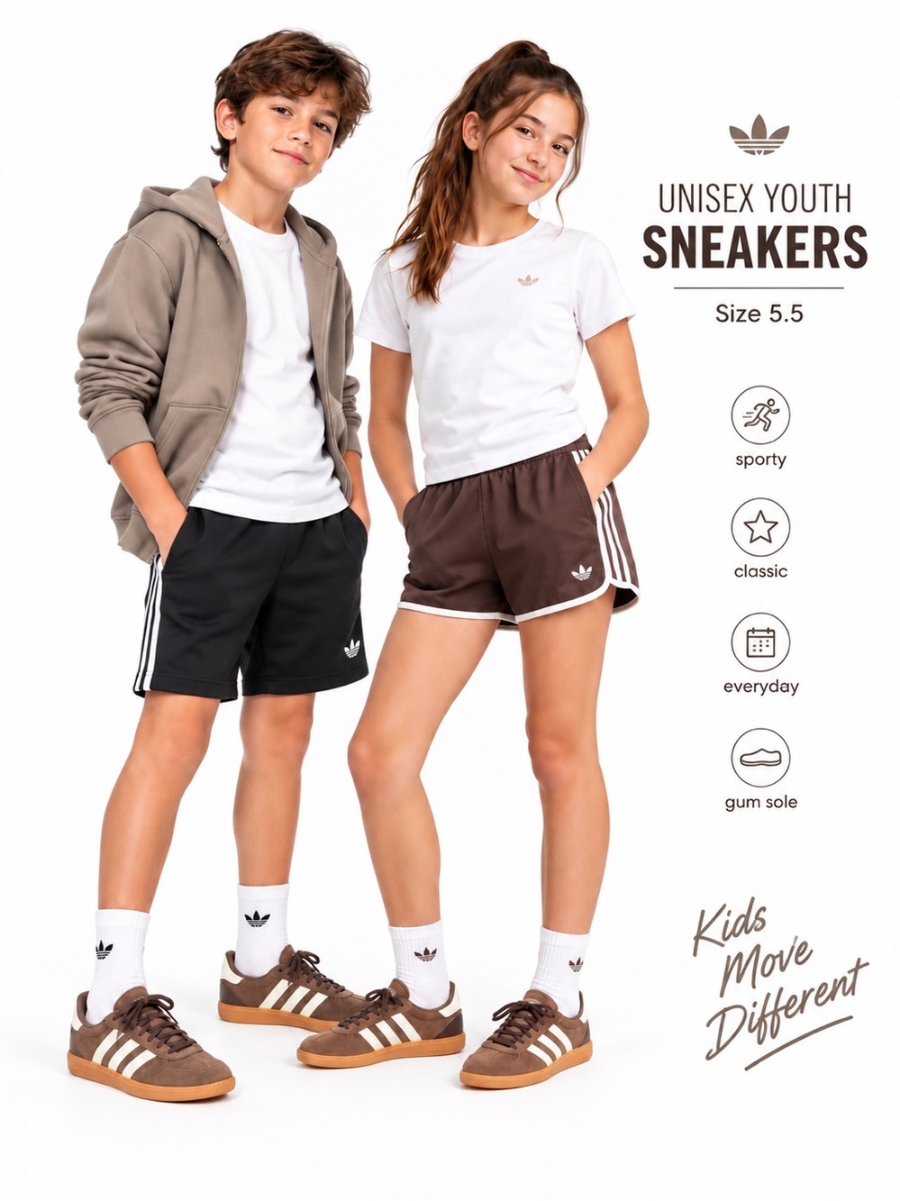 adidas Brown Sneakers White Stripes Gum Sole faux suede Breaknet 5.5 youth